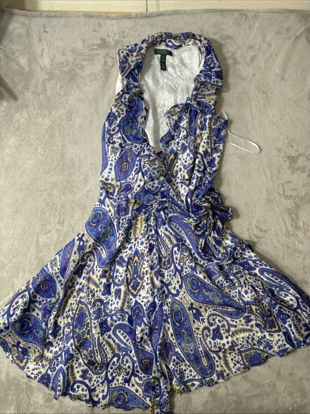 Lauren Ralph Lauren Silk Paisley Dress Size 14 Purple Blue Wrap Womens